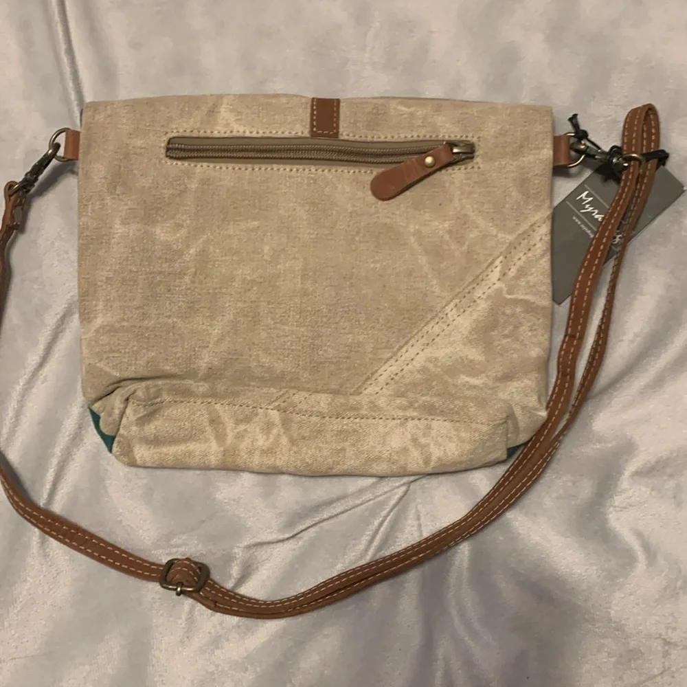MYRA BAGS Burlander Patch Teal Small Crossbody Bag canvas leather stitch anchor